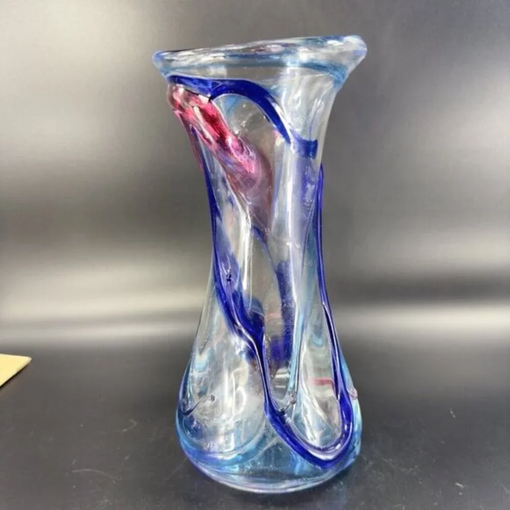 1997 Hand Blown Studio Art Glass Vase‎ Artist Signed JENN Multicolor Threads VTG